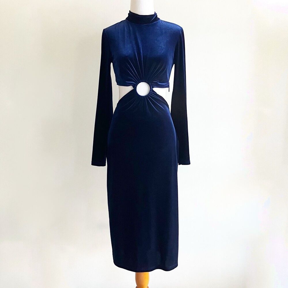 Ronny Kobo Navy Velvet Midi Dress XS Long Sleeve Cutout Mock Neck Party Cocktail